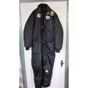 Vintage Thermorama Snowsuit Coveralls Black Sz. Med. St. Paul Minnesota Patches